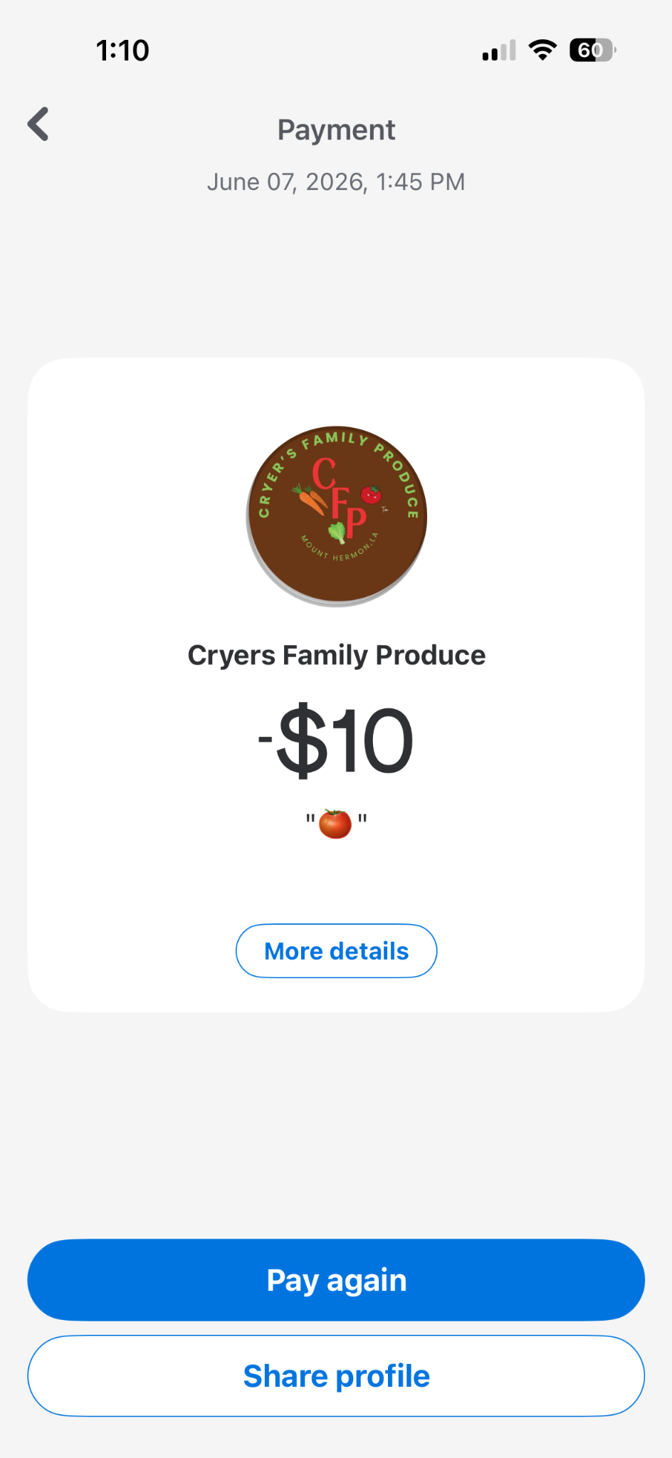 Example farmers-market payment record showing the seller, payment date, food description, and amount paid