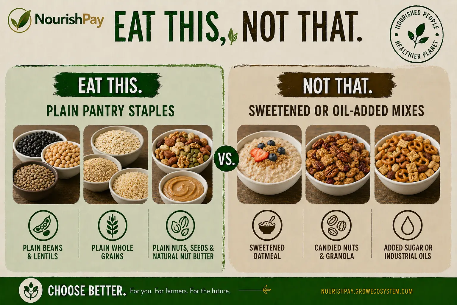 NourishPay Eat This, Not That guide for Beans, grains, nuts and seeds