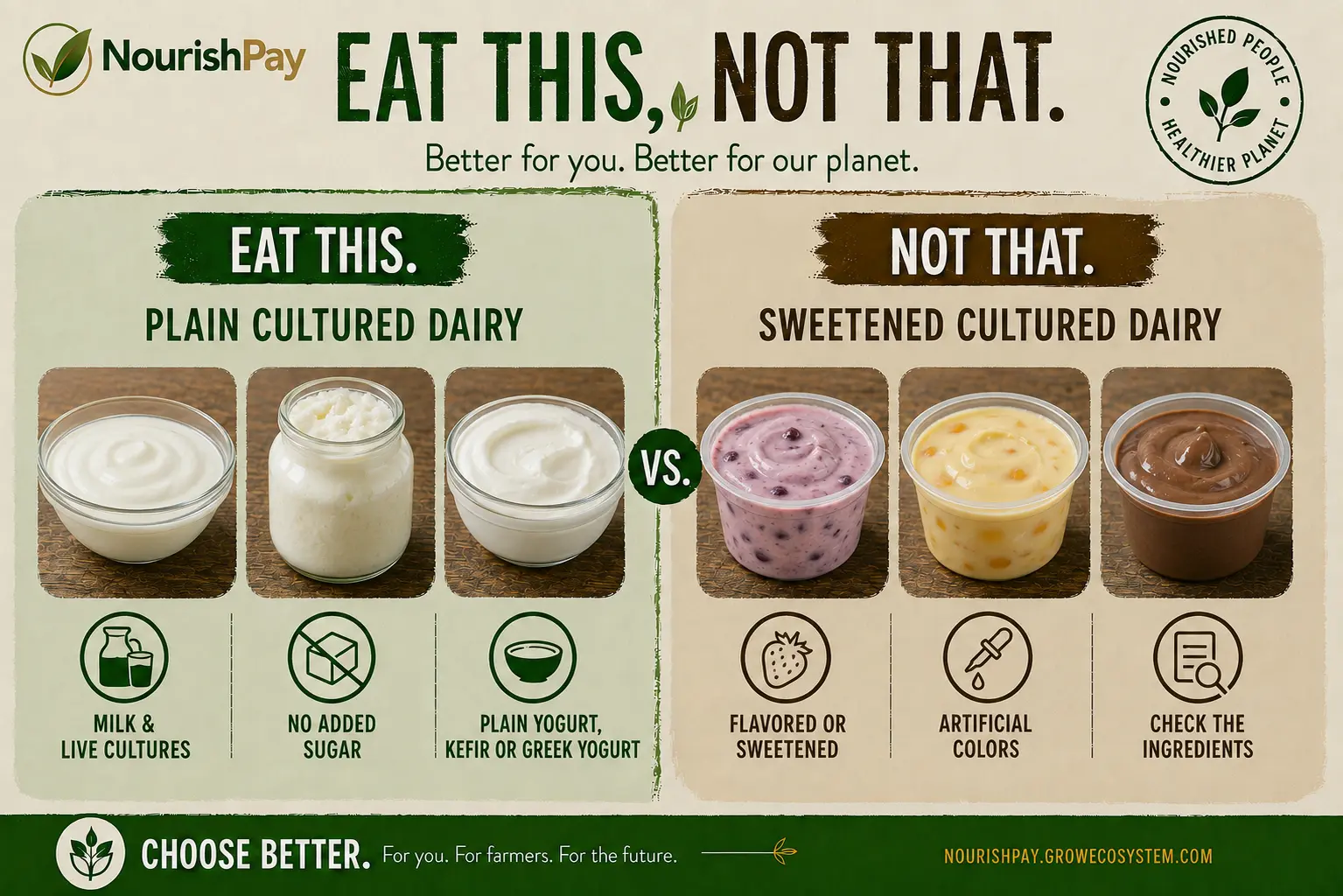 NourishPay Eat This, Not That guide for Yogurt and cultured dairy